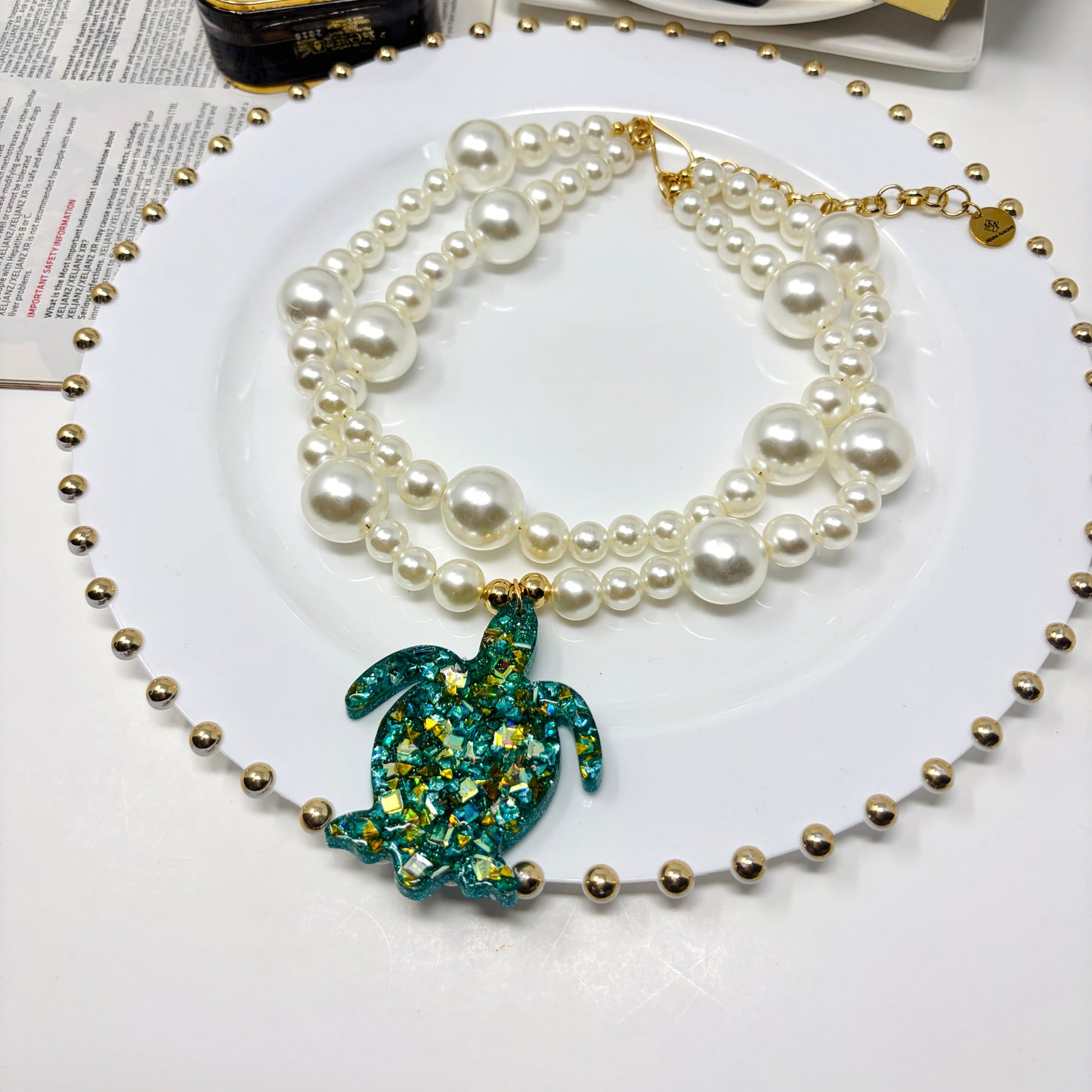 Handmade Adjustable Layered Pearl Necklace with Resin Turtle Pendant | Statement Jewelry