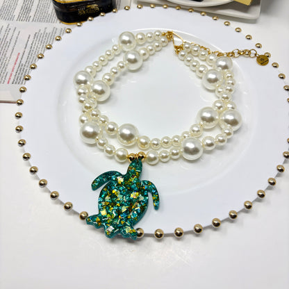 Handmade Adjustable Layered Pearl Necklace with Resin Turtle Pendant | Statement Jewelry