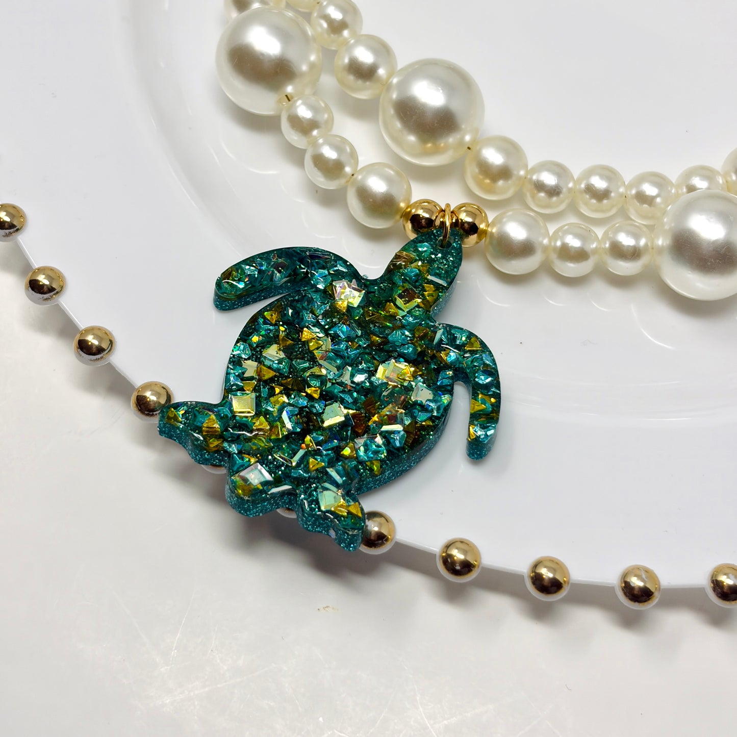 Handmade Adjustable Layered Pearl Necklace with Resin Turtle Pendant | Statement Jewelry