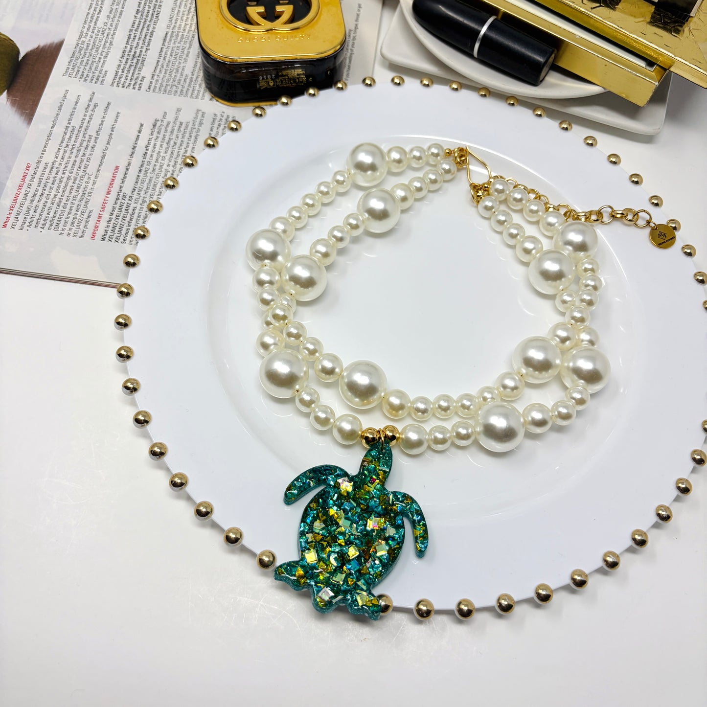 Handmade Adjustable Layered Pearl Necklace with Resin Turtle Pendant | Statement Jewelry