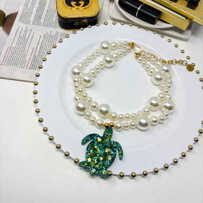 Handmade Adjustable Layered Pearl Necklace with Resin Turtle Pendant | Statement Jewelry