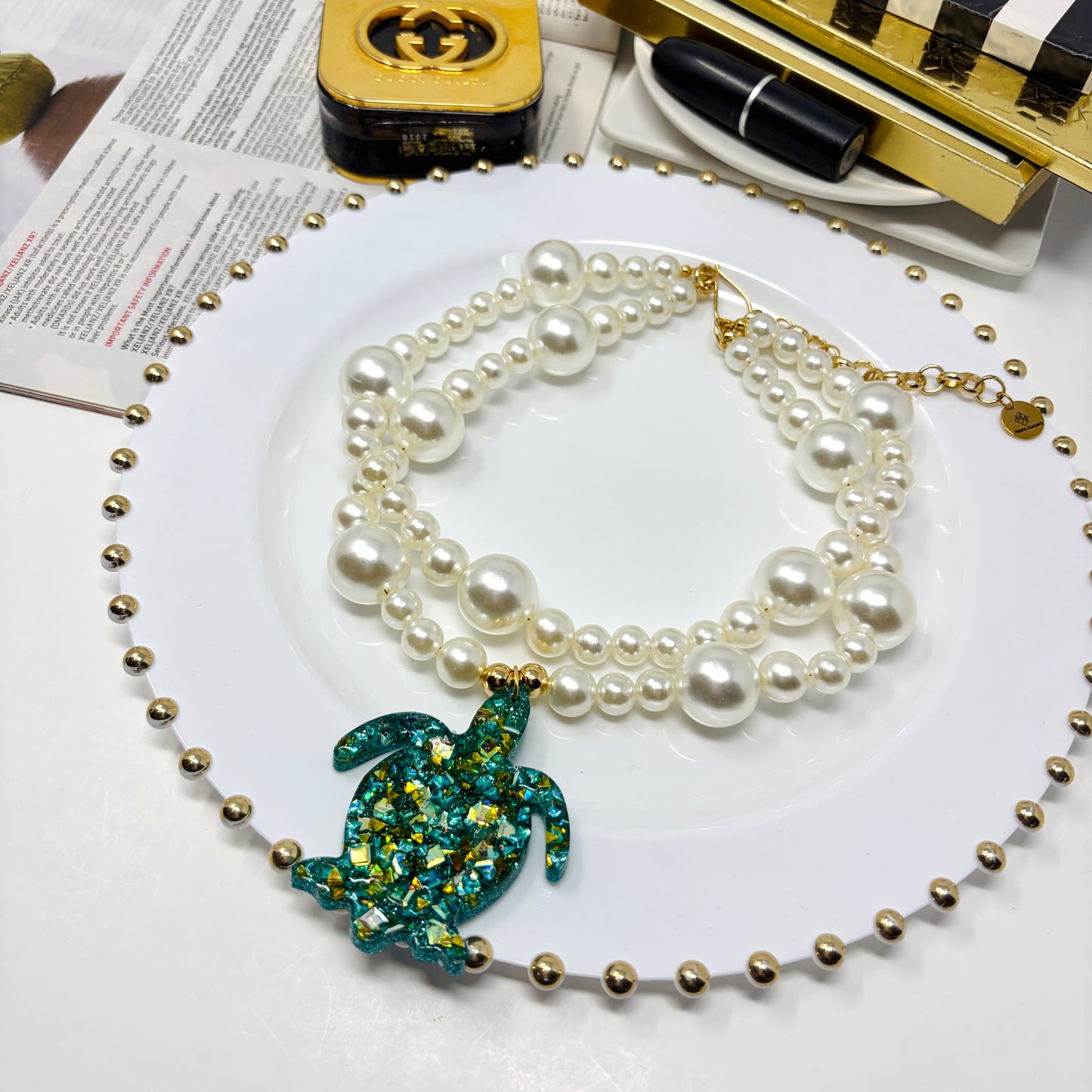 Handmade Adjustable Layered Pearl Necklace with Resin Turtle Pendant | Statement Jewelry