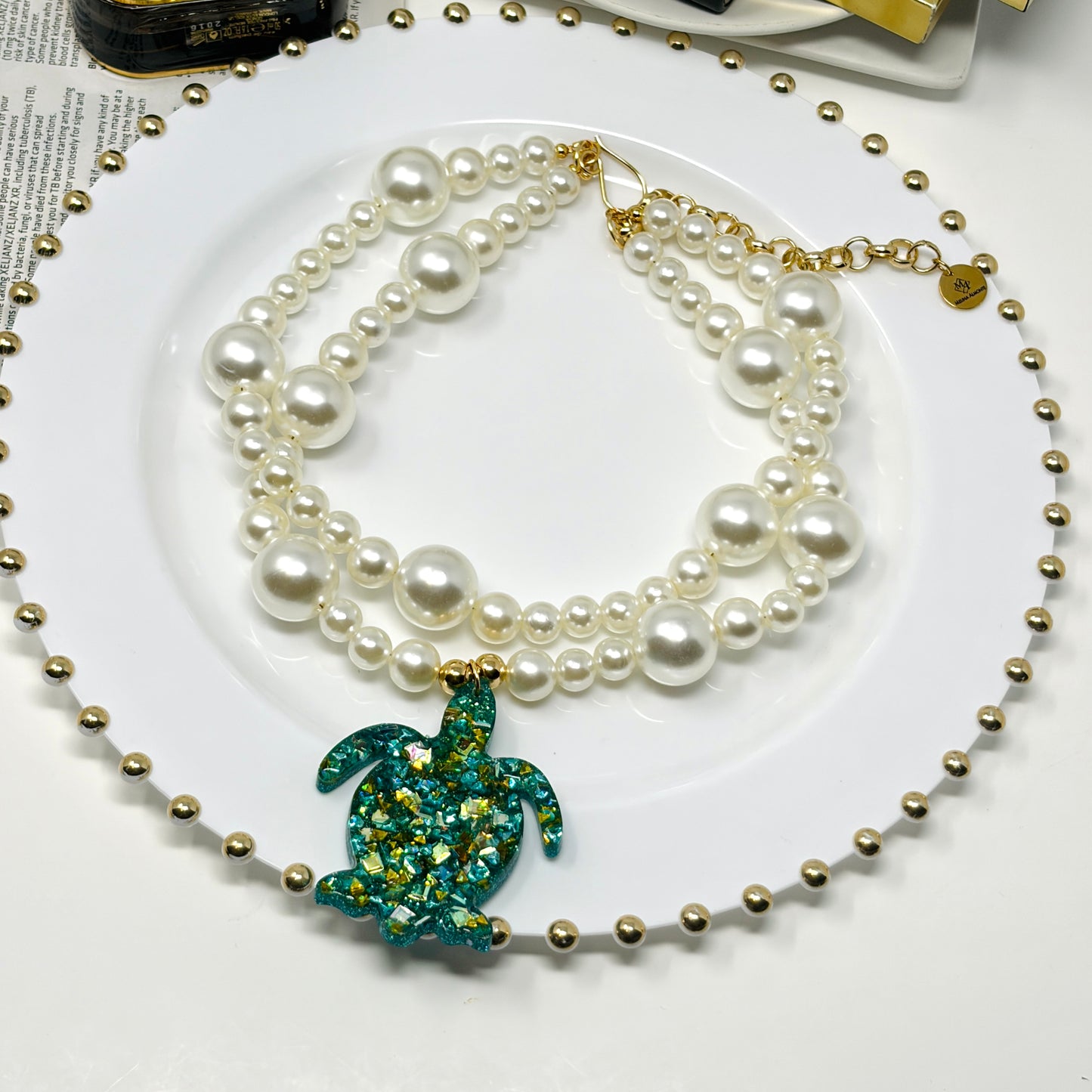 Handmade Adjustable Layered Pearl Necklace with Resin Turtle Pendant | Statement Jewelry