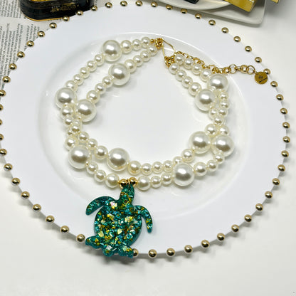 Handmade Adjustable Layered Pearl Necklace with Resin Turtle Pendant | Statement Jewelry