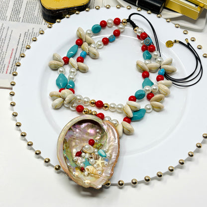 layered shell necklace, reversible shell pendant, natural shell jewelry, boho statement necklace