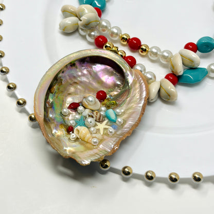 layered shell necklace, reversible shell pendant, natural shell jewelry, boho statement necklace