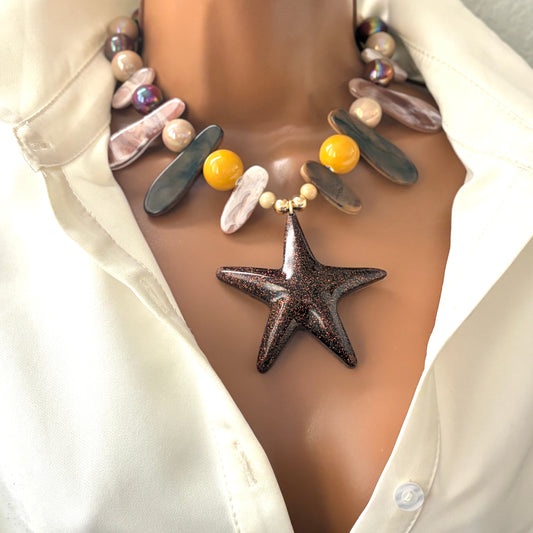 Maxi Starfish Statement Necklace – Adjustable Beach Jewelry with Acrylic & Ceramic Beads, Resin Pendant