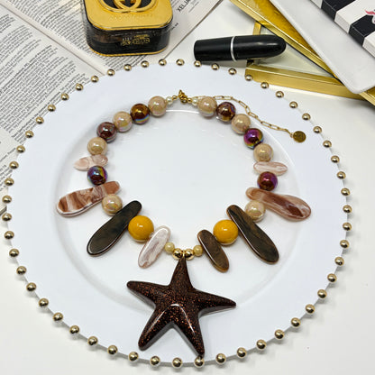 Maxi Starfish Statement Necklace – Adjustable Beach Jewelry with Acrylic & Ceramic Beads, Resin Pendant