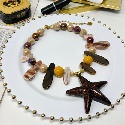 Maxi Starfish Statement Necklace – Adjustable Beach Jewelry with Acrylic & Ceramic Beads, Resin Pendant