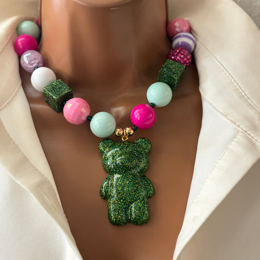 Chunky Beaded Bear Pendant Necklace – Colorful Acrylic Statement Necklace with Resin Teddy Charm, Adjustable Chain