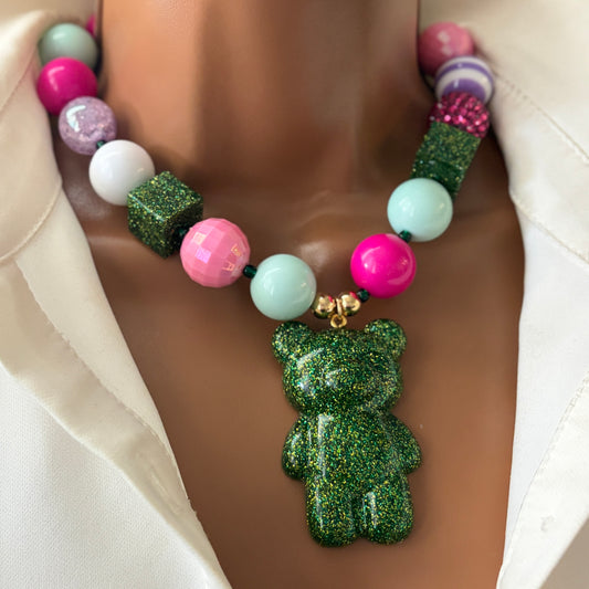 Chunky Beaded Bear Pendant Necklace – Colorful Acrylic Statement Necklace with Resin Teddy Charm, Adjustable Chain