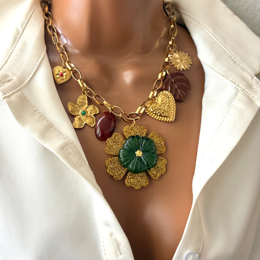 Handmade Charm Necklace Gold – Adjustable Stainless Steel Chain, Statement Floral Pendant, Vintage-Inspired Jewelry