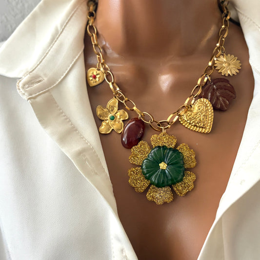 Handmade Charm Necklace Gold – Adjustable Stainless Steel Chain, Statement Floral Pendant, Vintage-Inspired Jewelry