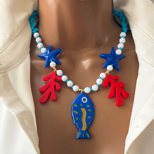 Handmade Ocean Resin Necklace Set – Adjustable Macrame Beaded Necklace with Starfish, Coral & Fish Pendant + Matching Earrings