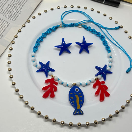 Handmade Ocean Resin Necklace Set – Adjustable Macrame Beaded Necklace with Starfish, Coral & Fish Pendant + Matching Earrings