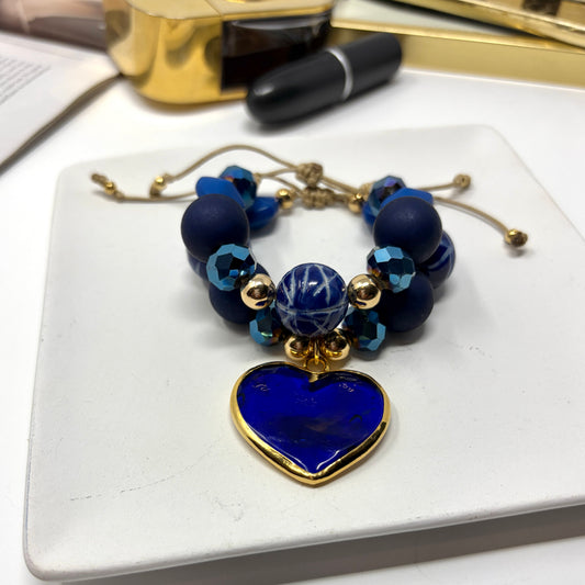 Handmade Ceramic Beads and Crystal Murano Heart Charm Adjustable Bracelet