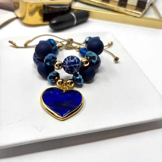 Handmade Ceramic Beads and Crystal Murano Heart Charm Adjustable Bracelet
