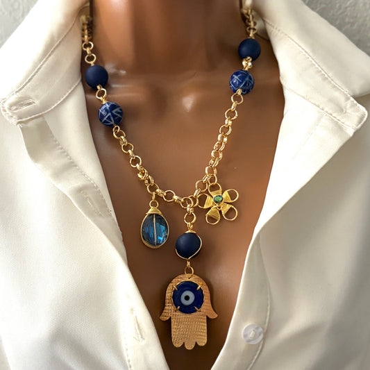Gold Plated hamsa hand evil eye Pendant Necklace