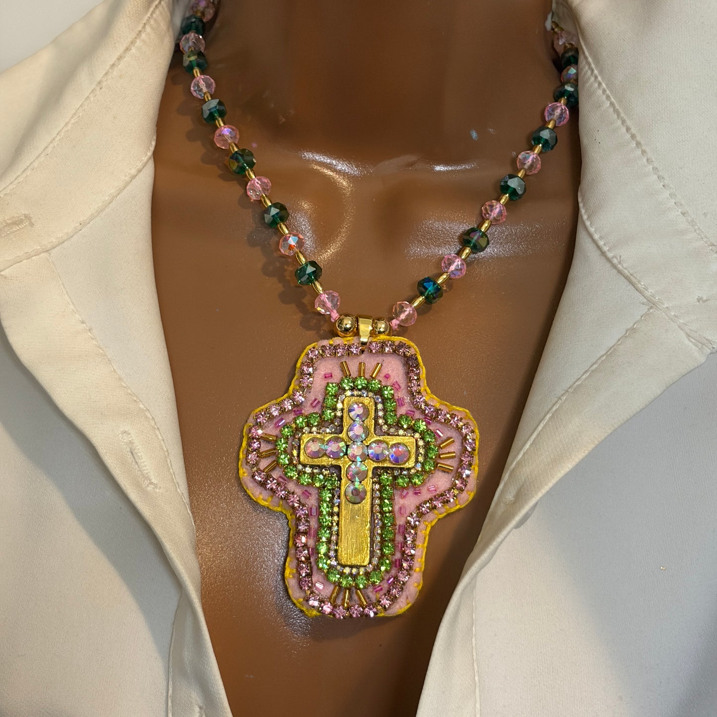 Hand- embroidered Cross Necklace, Crystal Cross Pendant, Christian Jewelry,