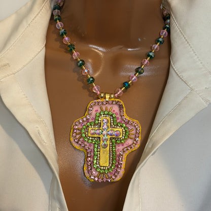 Hand- embroidered Cross Necklace, Crystal Cross Pendant, Christian Jewelry,