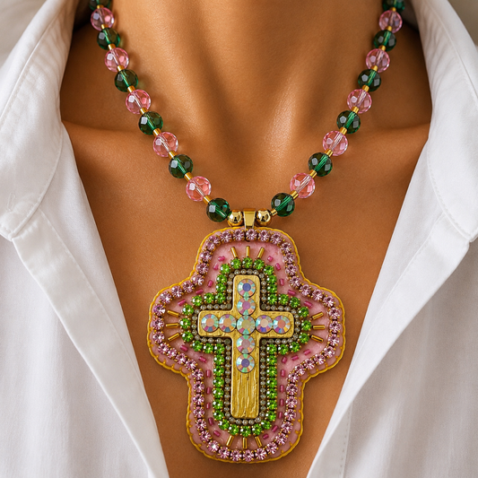 Hand- embroidered Cross Necklace, Crystal Cross Pendant, Christian Jewelry,