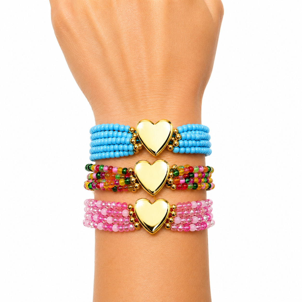 Adjustable gold-plated heart bracelet with beads