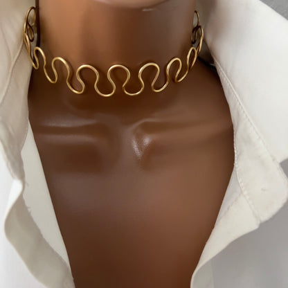 Simple Golden Choker Necklace, Handmade Wavy Wire Choker Necklace