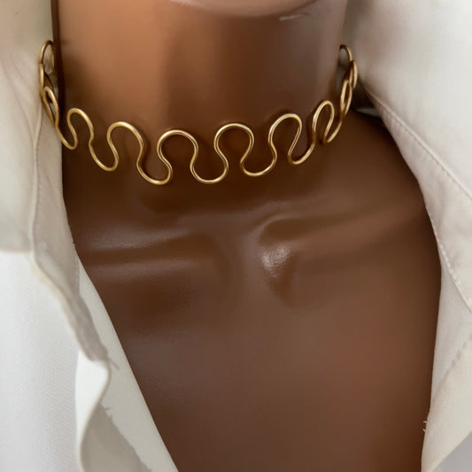 Simple Golden Choker Necklace, Handmade Wavy Wire Choker Necklace