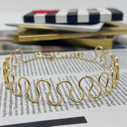 Simple Golden Choker Necklace, Handmade Wavy Wire Choker Necklace