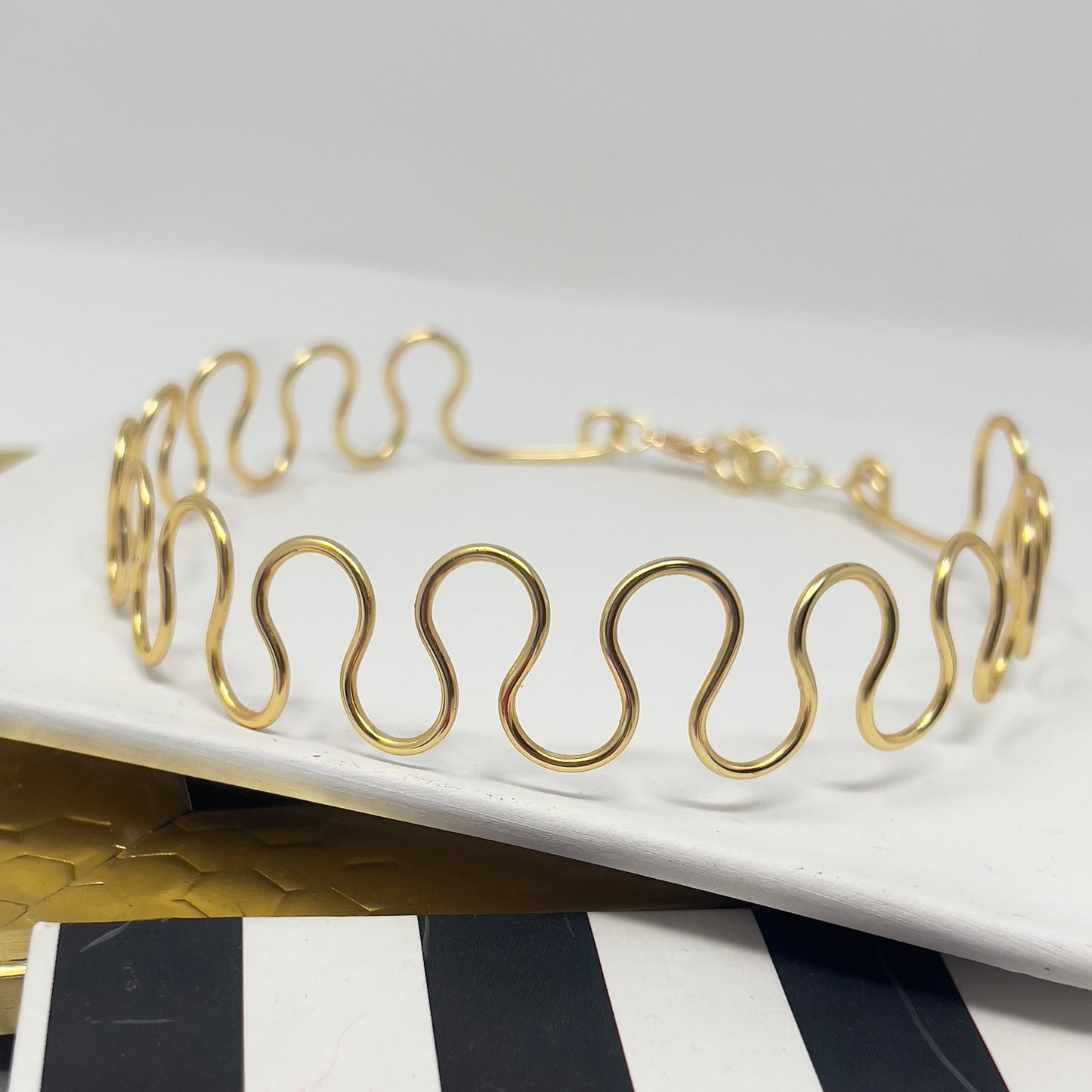 Simple Golden Choker Necklace, Handmade Wavy Wire Choker Necklace