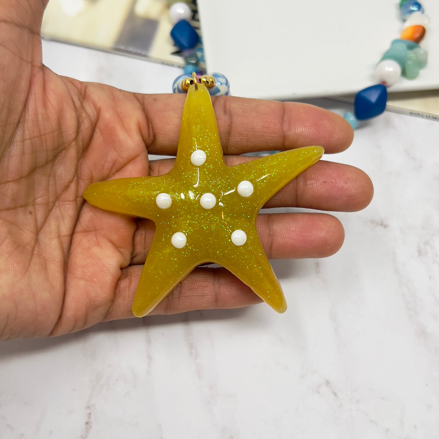 Chunky Starfish Pendant Necklace, Chunky Charm Necklace, Gemstone Beaded Necklace,  Resin Starfish Pendant Necklace, Turquoise Neclace, Opal Necklace