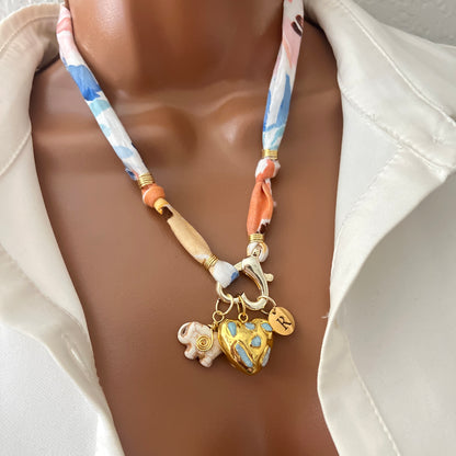 Bandana Charm Necklace, Custom Carabiner Bandana Pendant Necklace, Boho Scarf Necklace, Vintage Charm Necklace, Fabric Pendant Necklace Gift