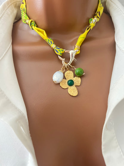 Bandana Charm Necklace, Custom Carabiner Bandana Pendant Necklace, Boho Scarf Necklace, Vintage Charm Necklace, Fabric Pendant Necklace Gift
