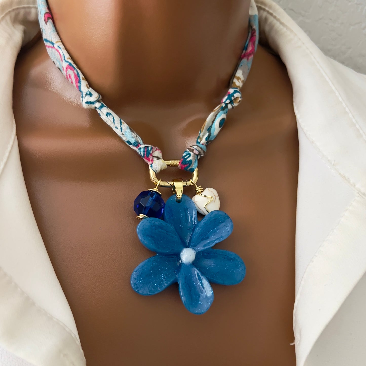 Bandana Flower Charm Necklace, Custom Carabiner Bandana Pendant Necklace, Boho Scarf Necklace, Vintage Charm Necklace, Fabric Pendant Necklace Gift