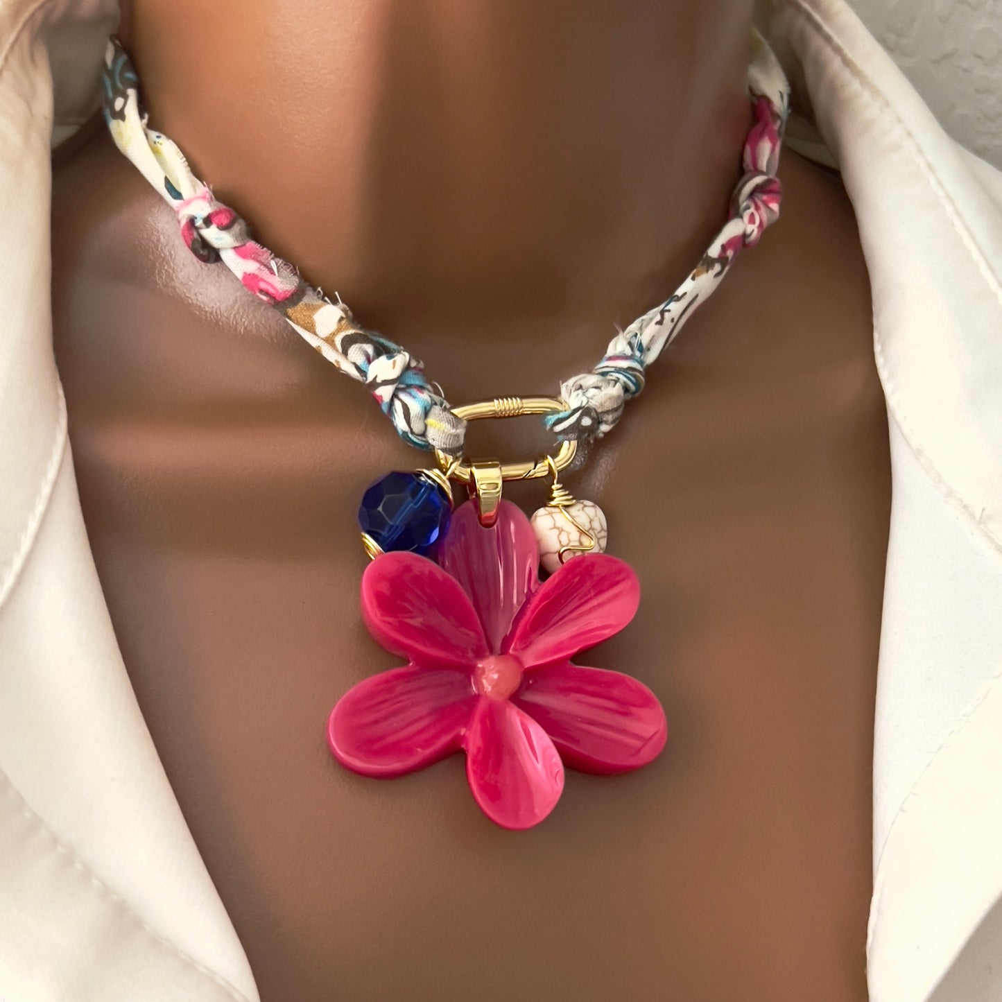 Bandana Flower Charm Necklace, Custom Carabiner Bandana Pendant Necklace, Boho Scarf Necklace, Vintage Charm Necklace, Fabric Pendant Necklace Gift
