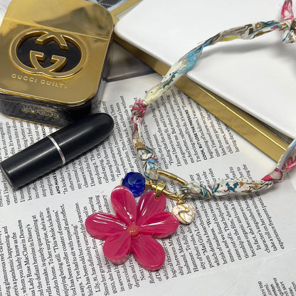Bandana Flower Charm Necklace, Custom Carabiner Bandana Pendant Necklace, Boho Scarf Necklace, Vintage Charm Necklace, Fabric Pendant Necklace Gift