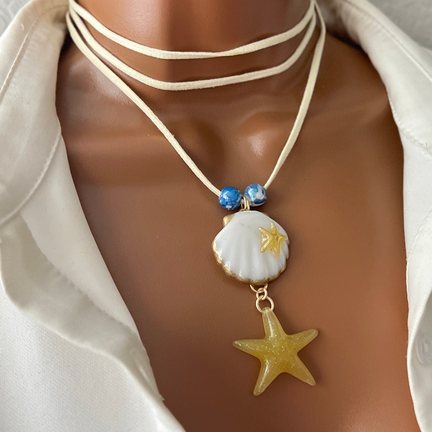 Resin Shell Starfish Charm Necklace, Starfish Choker Necklace, Shell Pendant Necklace, Boho Necklace, Surfer Necklace, Summer, Beach