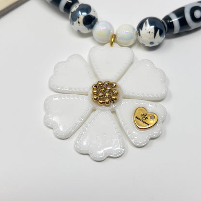 "Hand Painted Ceramic Beaded Necklace with Tibetan Design, Resin Flower Pendant, Black and White Boho Statement Necklace"