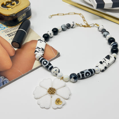 "Hand Painted Ceramic Beaded Necklace with Tibetan Design, Resin Flower Pendant, Black and White Boho Statement Necklace"