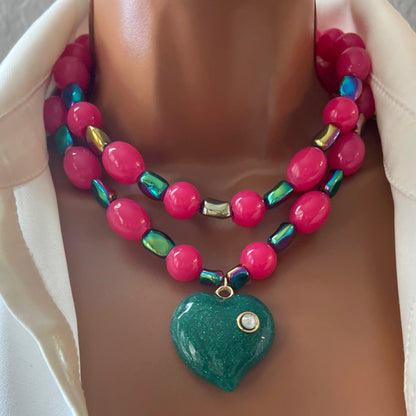 Handmade Double-Layer Resin Beaded Necklace with Heart Pendant and Austrian Crystals – Adjustable Statement Jewelry