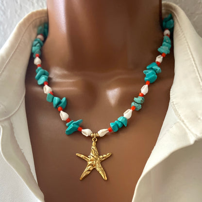 Handmade Turquoise Chip Bead Necklace with Natural Shell, Crystal Beads & Gold Stainless Steel Starfish Pendant – Adjustable Beach Jewelry