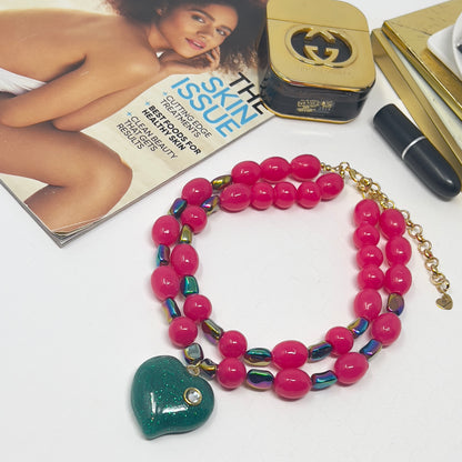 Handmade Double-Layer Resin Beaded Necklace with Heart Pendant and Austrian Crystals – Adjustable Statement Jewelry