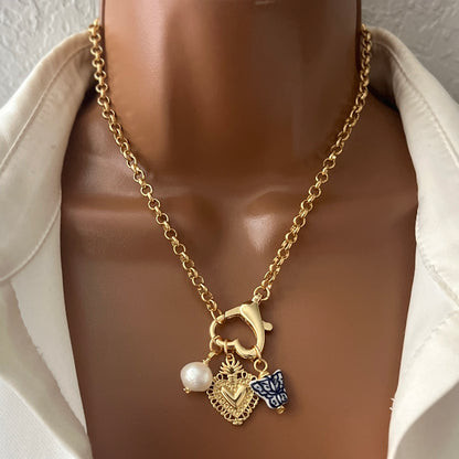 Carabiner necklace, Chunky charm necklace, Custom gold vintage, handmade Christmas gift women, paperclip necklace, pearl pendant