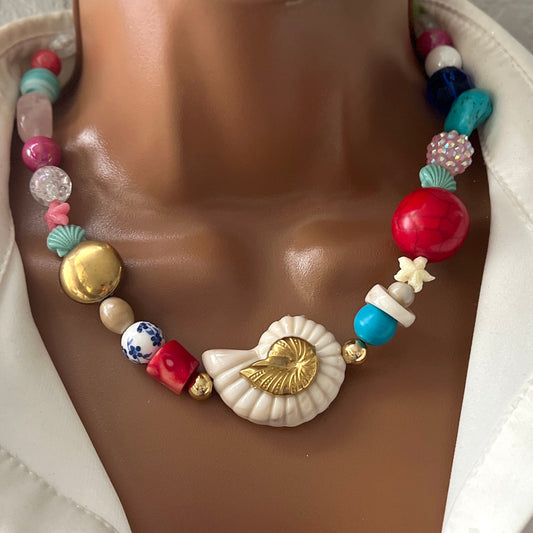 Handmade Necklace made of Multicolored Natural Beads with Snail Pendant in stainless steel