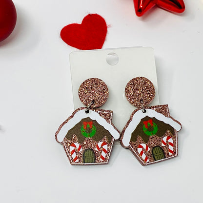 Gingerbread House Christmas Earring, Holiday Earrings, Dangle and Drop earrings