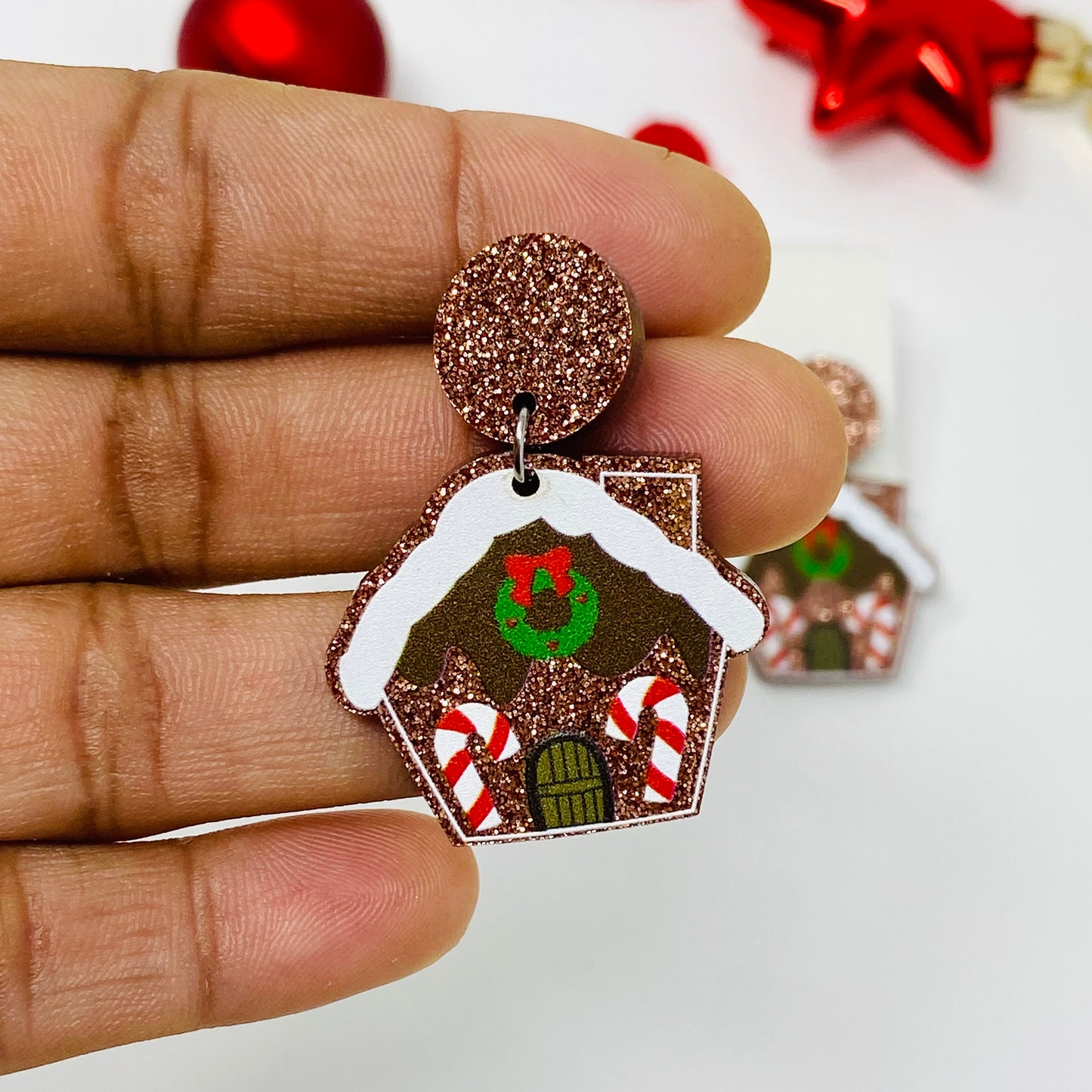 Gingerbread House Christmas Earring, Holiday Earrings, Dangle and Drop earrings