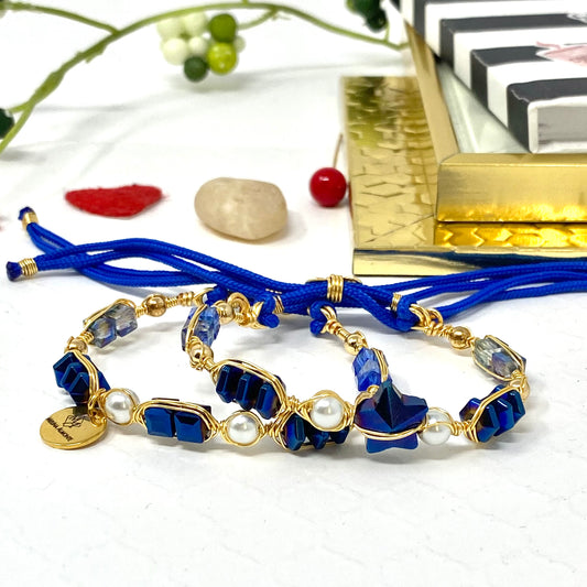 Pearl And Royal Blue Beads Bracelet Set