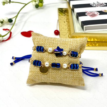 Pearl And Royal Blue Beads Bracelet Set