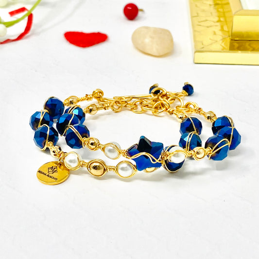 Pearl And Blue Czech Beaded Bracelet Set