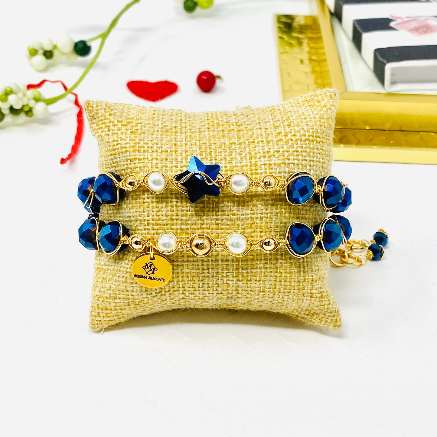 Pearl And Blue Czech Beaded Bracelet Set